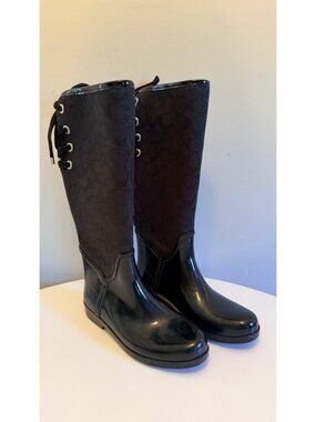 Coach Tristee Black Lace-Up Corset Signature Logo Rain Boots Black Size 9 B READ